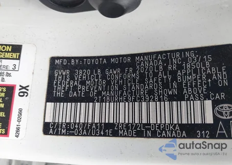 2015 Toyota Corolla L from USA, damaged, VIN 2T1BURHE9FC392816